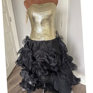 Panoply Gold Sequin Bodice Black Ruffled Prom Dress